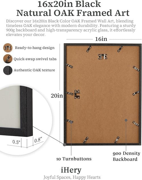 iHery Premium Framed Wall Art - Trendy Natural Black Oak Canvas Decor for Every Hour | 16x20in