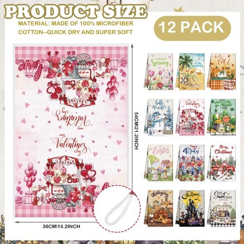 FuWeave 12 Pcs Seasonal Kitchen Towels Set for All Holidays Spring Easter Irish Hand Dish Tea Towels Bulk Absorbent Dishcloths Housewarming Gift for Cooking Kitchen Bathroom(Fresh Style)