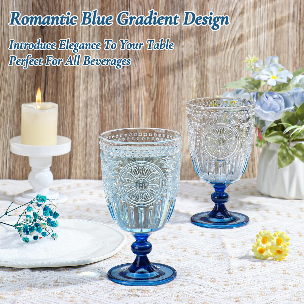 XUWAIDSGN 24Pcs Plastic Vintage Wine Glasses 13.5oz Reusable Embossed Goblet Glasses Blue Gradient Retro Wine Glassware Unbreakable Stemmed Champagne Water Cups for Wine Cocktail Juice Wedding