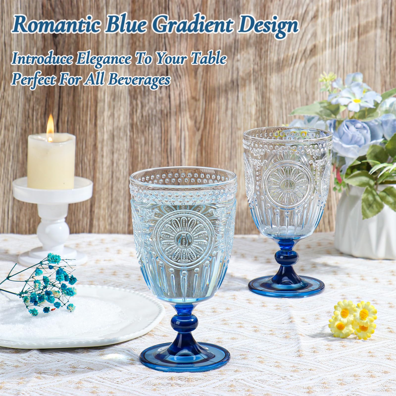 XUWAIDSGN 24Pcs Plastic Vintage Wine Glasses 13.5oz Reusable Embossed Goblet Glasses Blue Gradient Retro Wine Glassware Unbreakable Stemmed Champagne Water Cups for Wine Cocktail Juice Wedding