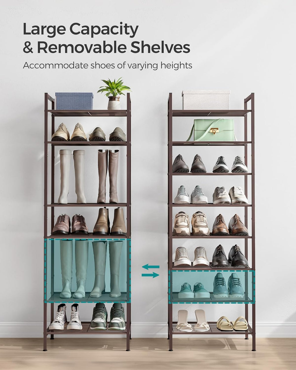 SONGMICS Narrow Shoe Rack - Sturdy 8-Tier Metal Storage Organizer for Small Spaces | Bronze, 12"D x 17.6"W x 50.6"H