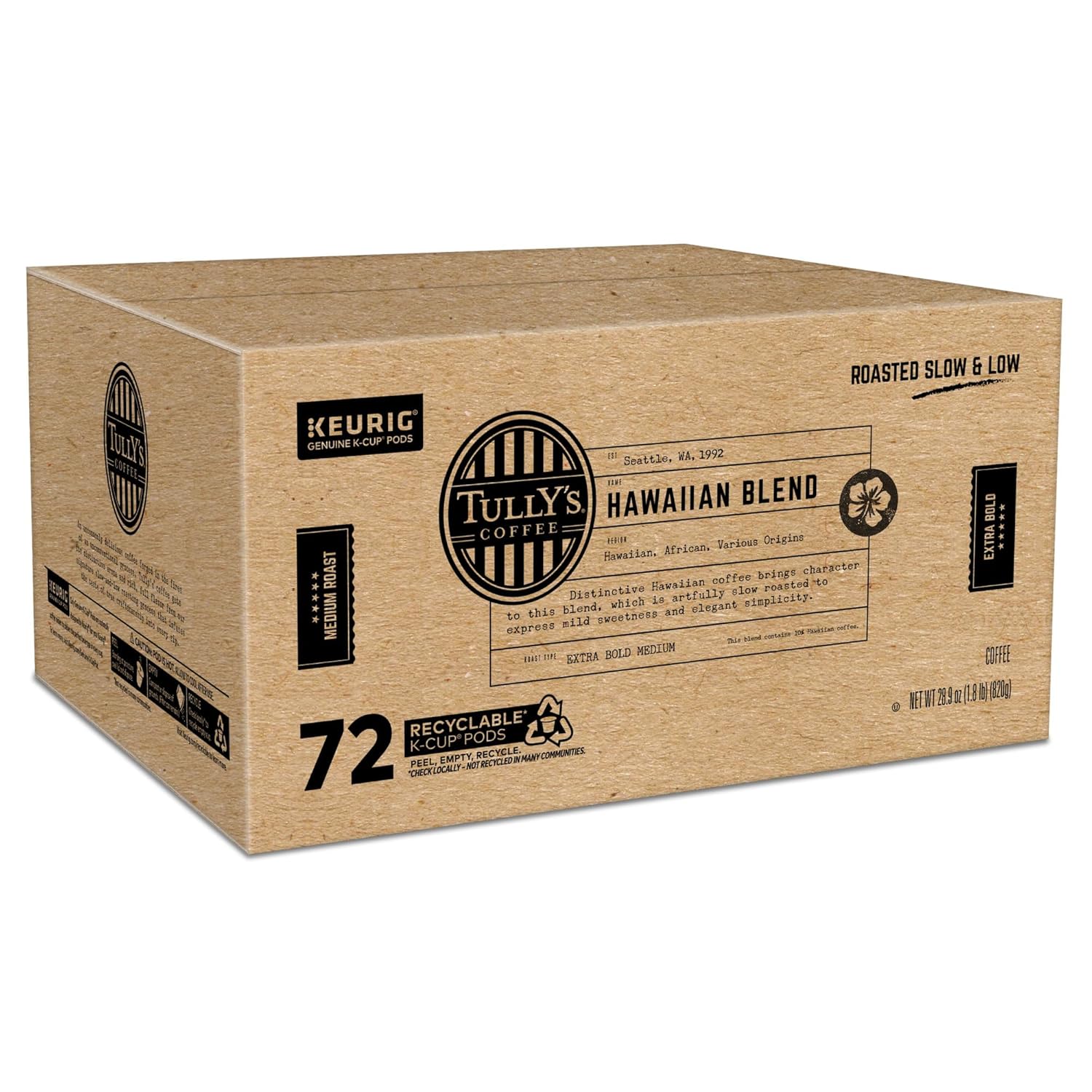 Tully's Coffee Hawaiian Blend K-Cup Pods - Medium Roast, 72 Count | Perfect for Keurig Brewers
