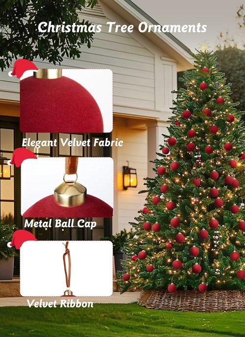 Brightown Red Velvet Christmas Ornaments - 15 Pcs 3.15 Inch Decorative Balls for Holiday Tree