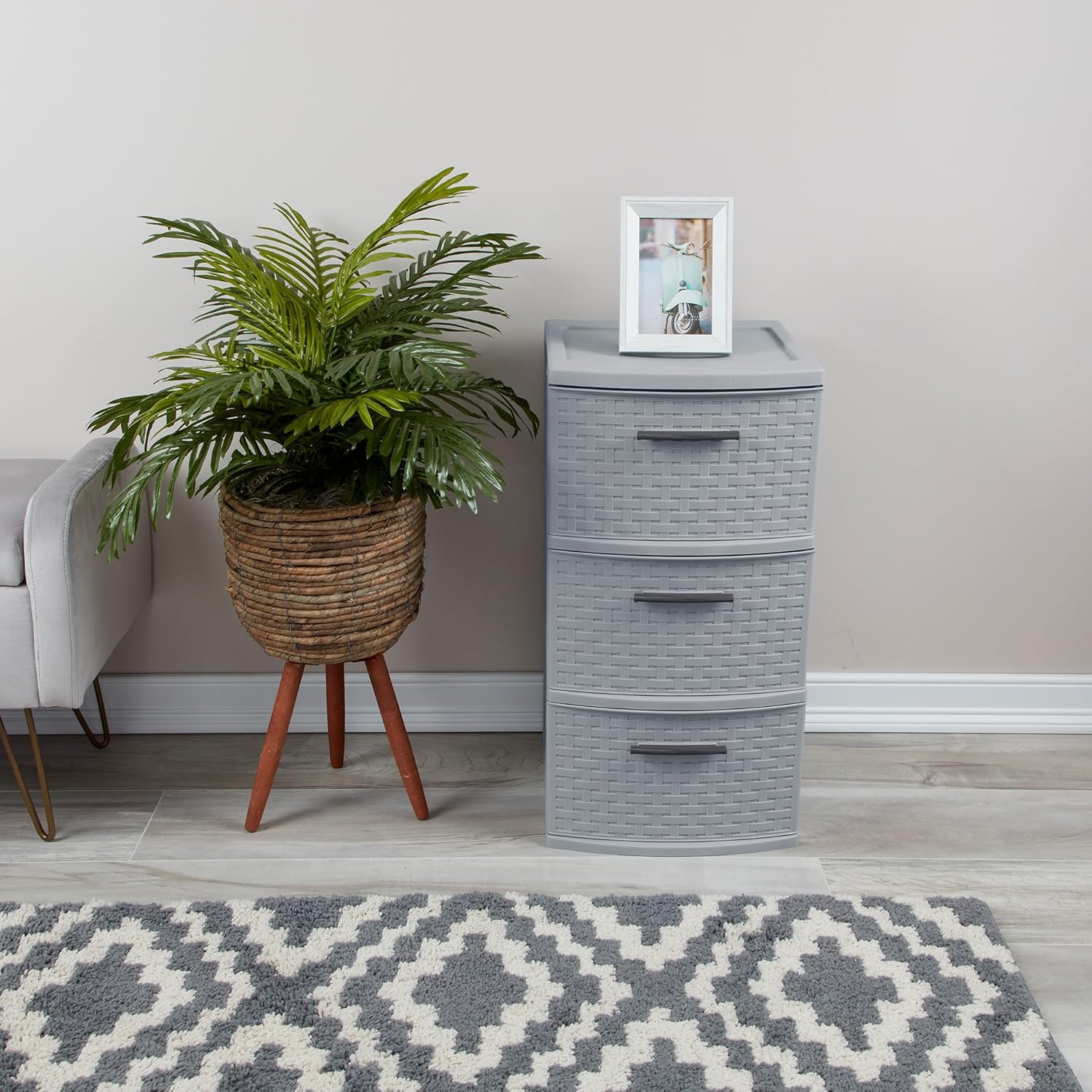 Sterilite 3 Drawer Storage Tower - Medium Plastic Weave Organizer in Cement | Lightweight for Bedrooms & Closets