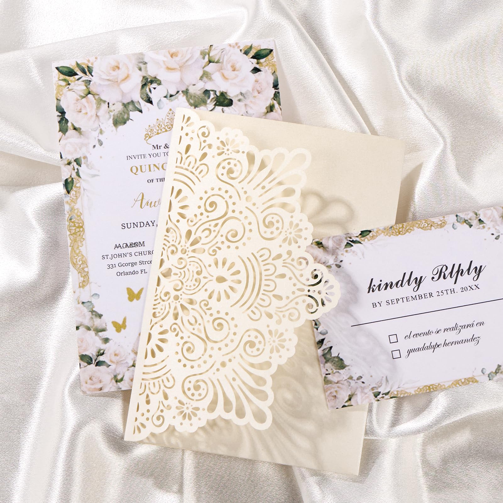 Mabbcoo 50PCS Custom Wedding Invitations with Envelopes and RSVP Cards, Blank Inner Sheets Party Invitation for Quinceanera Bridal Shower Birthday - Ivory