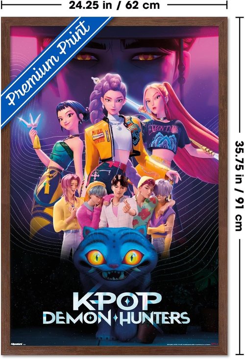 Netflix KPop Demon Hunters Wall Poster - Mahogany Framed, 34L x 22.4W for Stylish Decor