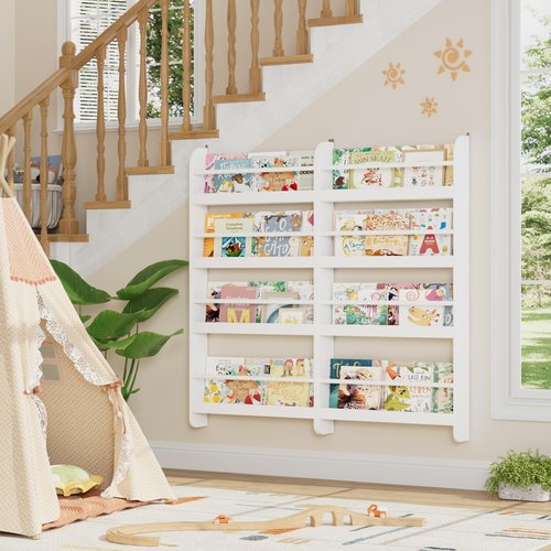 FOTOSOK 2 Pcs Kids Bookshelf, Set of 2 Wall Mount 4-Tier Book Shelf Organizer for Toys and Books, Toy Storage Bookshelf for Kids in Bedroom Living Room, White