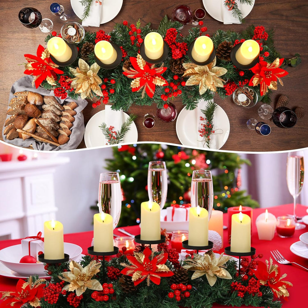 Sliner Christmas Tabletop Centerpiece - 30 Inch Poinsettia Candle Holder with 5 LED Flameless Candles & Pine Cones