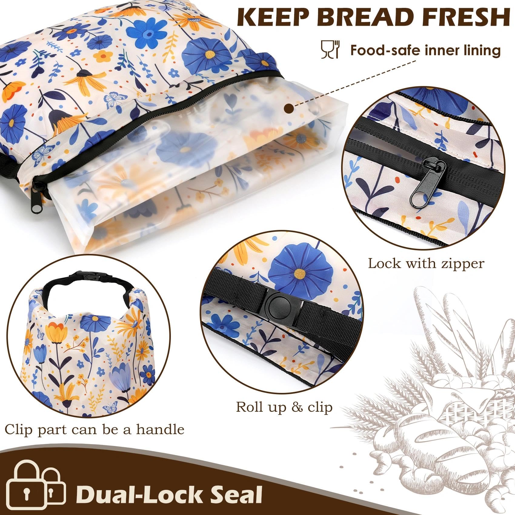 Revahope 2 Pack Reusable Bread Bags for Homemade Bread, 17"×13" Sourdough Bread Storage Bags with Bowl Cover - Keep Loaf Fresh and Easy to Wash(Blue-Yellow Floral)