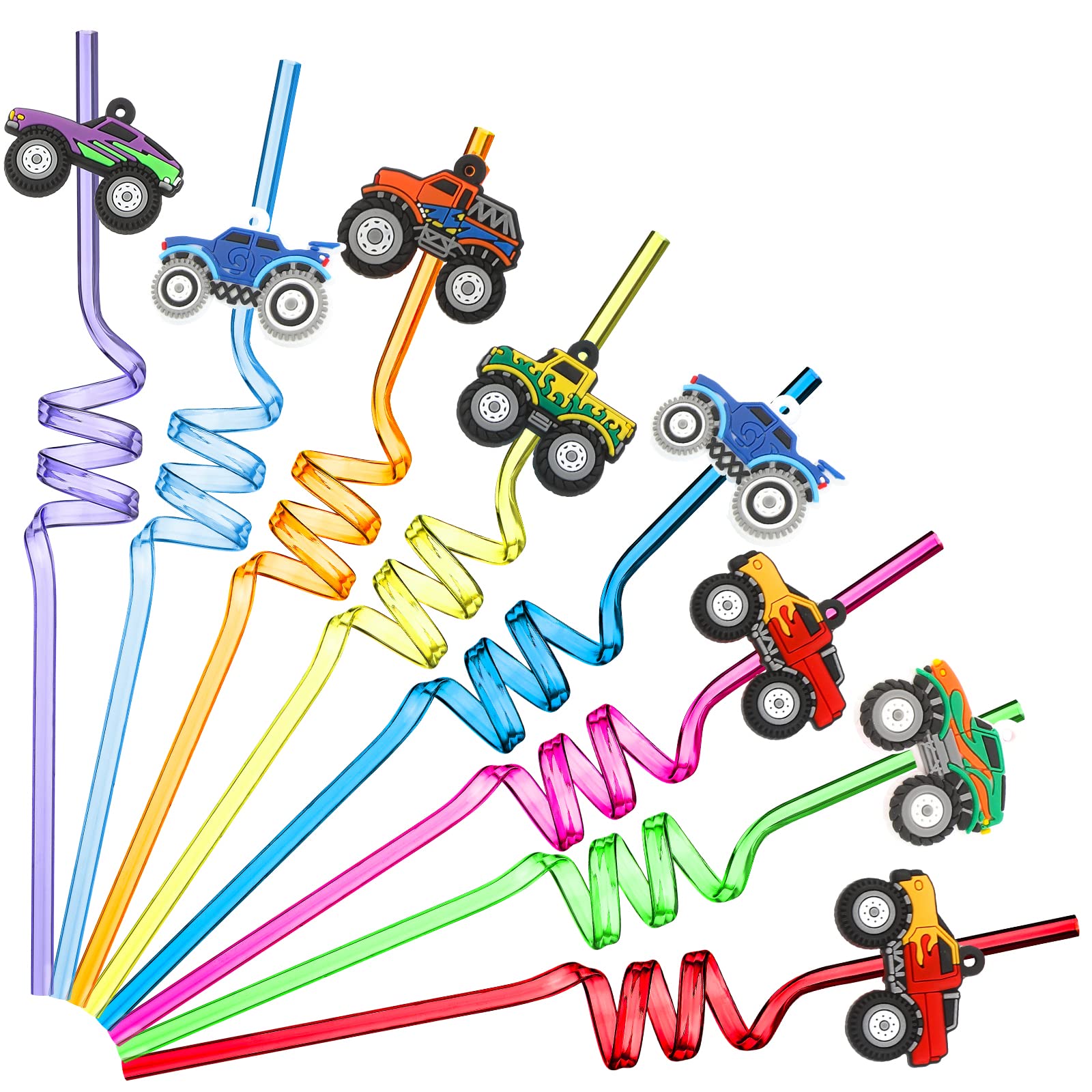Skyley 24 Pcs Truck Straws Crazy Reusable Twisty crazy straws for Kids Boys Car Birthday Party Favors Supplies, 6 Styles