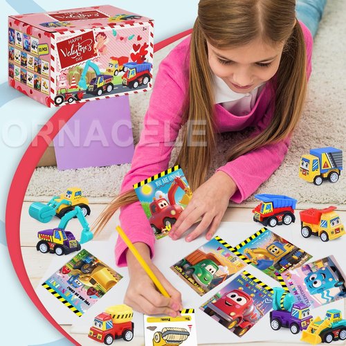 ORNACELE Valentines Day Gifts for Kids, 32 Pack Trucks Cards with Construction Vehicles, Pull Back Cars Sets Exchange Cards for Classroom School Party Favors