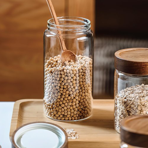 MOLADRI 3 Pack 17 fl oz/500ml Clear Glass Storage Canister with Airtight Wooden Screw On Lid, Small Cute Decorative Glass Container Jar Set for Coffee, Candy, Cookie, Condiment, Pepper, Sugar, Oatmeal
