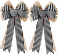 Skiennix 2 Pack Burlap Fall Bows - Black & White Stripe Decor for Wreaths, Weddings & Home