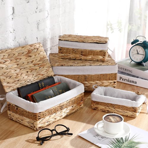 Soaoo Set of 4 Water Hyacinth Storage Basket with Lid, Pantry Rectangle Basket Organizer with Liner Natural Woven Organizer Farmhouse Storage Trunk Closet Storage Cubes for Bedroom Laundry Room