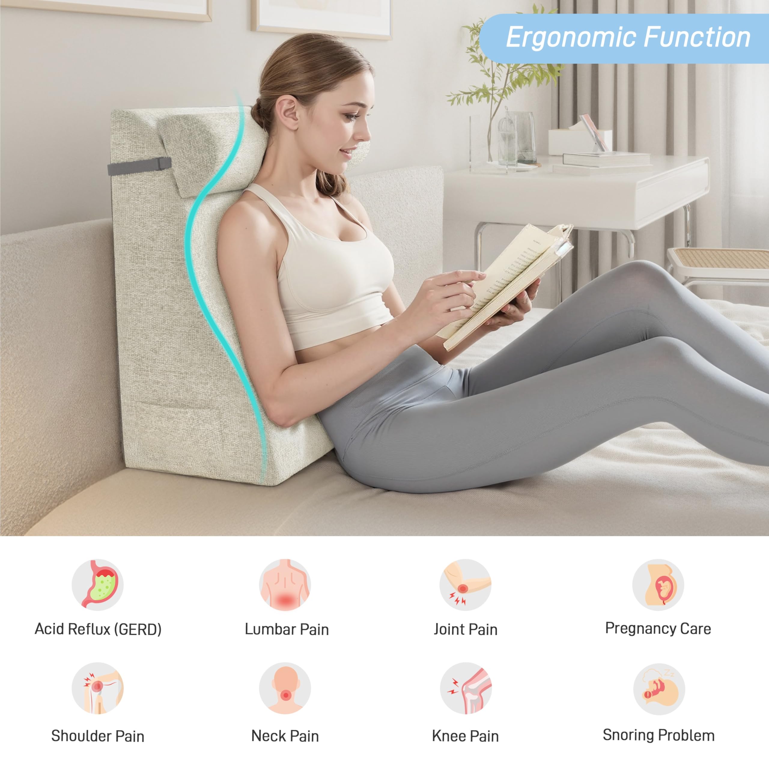 strusery Wedge Pillow for Sitting in Bed – Ergonomic Backrest Cushion, Acid Reflux & GERD Relief, Adjustable Support for Neck/Leg Pain (Polyester-White)