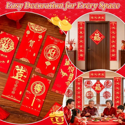 Chinese New Year Decorations 2026 Couplets Set with Free Lucky Tube Lunar New Year of The Horse Decor Kit for Home, Door, Office 16 Pcs