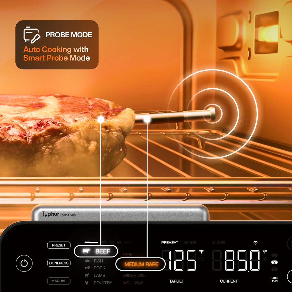 Typhur Sync Oven - 12-in-1 Countertop Air Fryer Toaster Oven Combo | Smart AI Wireless Meat Thermometer, 27QT, Stainless Steel