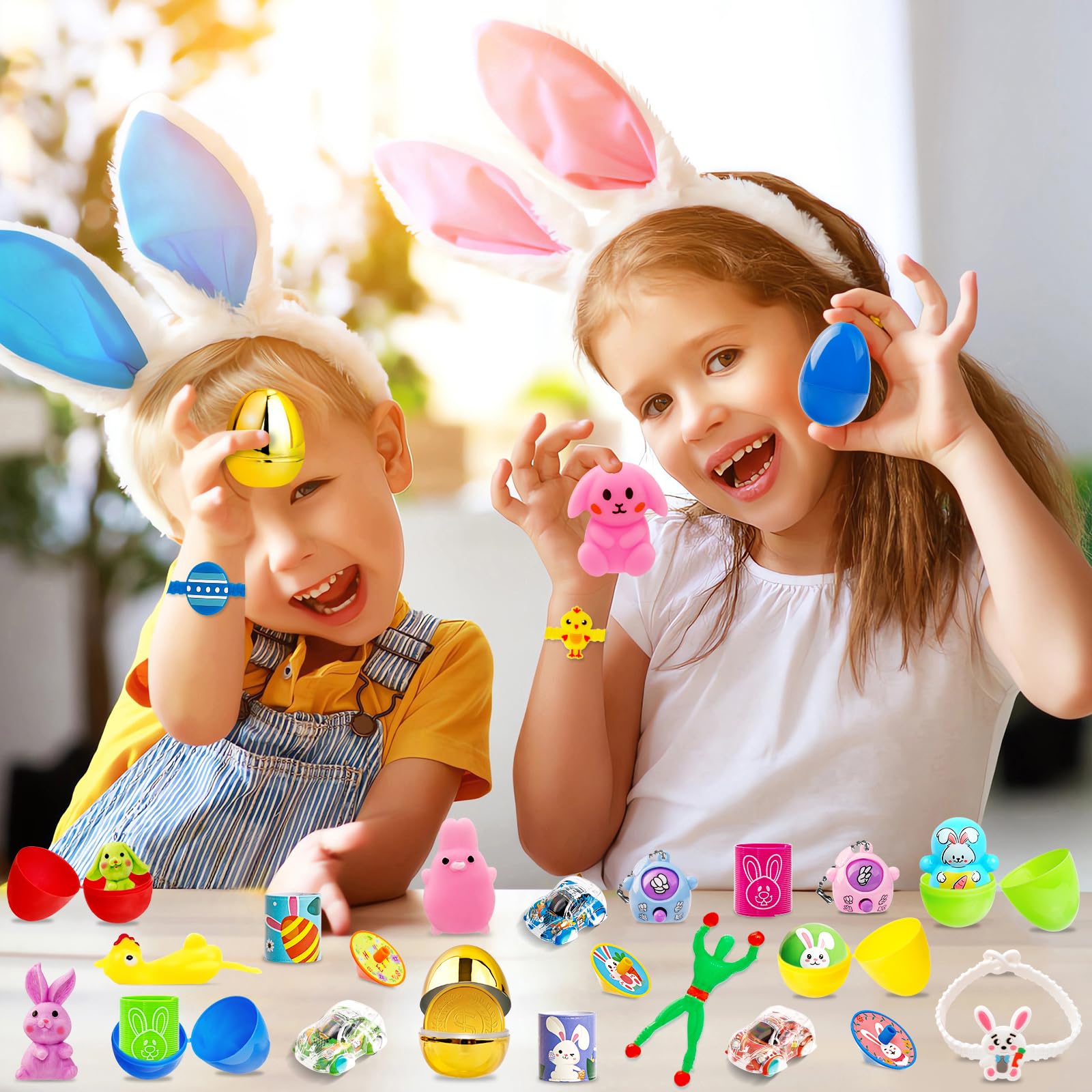 Adisher [ 6 Surprise Golden Eggs ] 100 PACK Prefilled Easter Egg Fillers, Easter Basket Stuffers 100 Plastic Eggs with Assorted Toys Party Favors Classroom Prizes Supplies for Kids Toddler Boys Girls