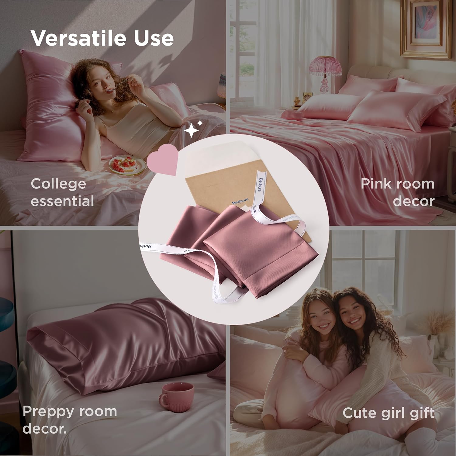 Bedsure King Size Satin Pillowcase Set - Nostalgia Rose Silky Cases for Hair & Skin | 20x36 Inches, 2-Pack