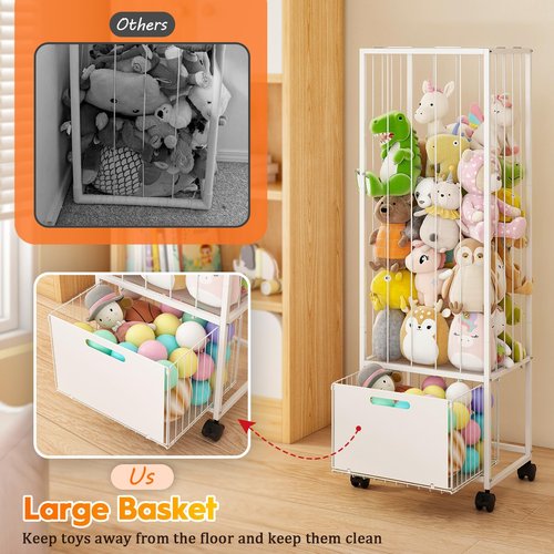 Bukfen Metal Stuffed Animal Storage Zoo Organizer, Extra Large Plush Toy Holder with Adjustable Elastic Cords & 4 Wheels, Vertical Space-Saving for Kids Nursery Playroom Bedroom, White
