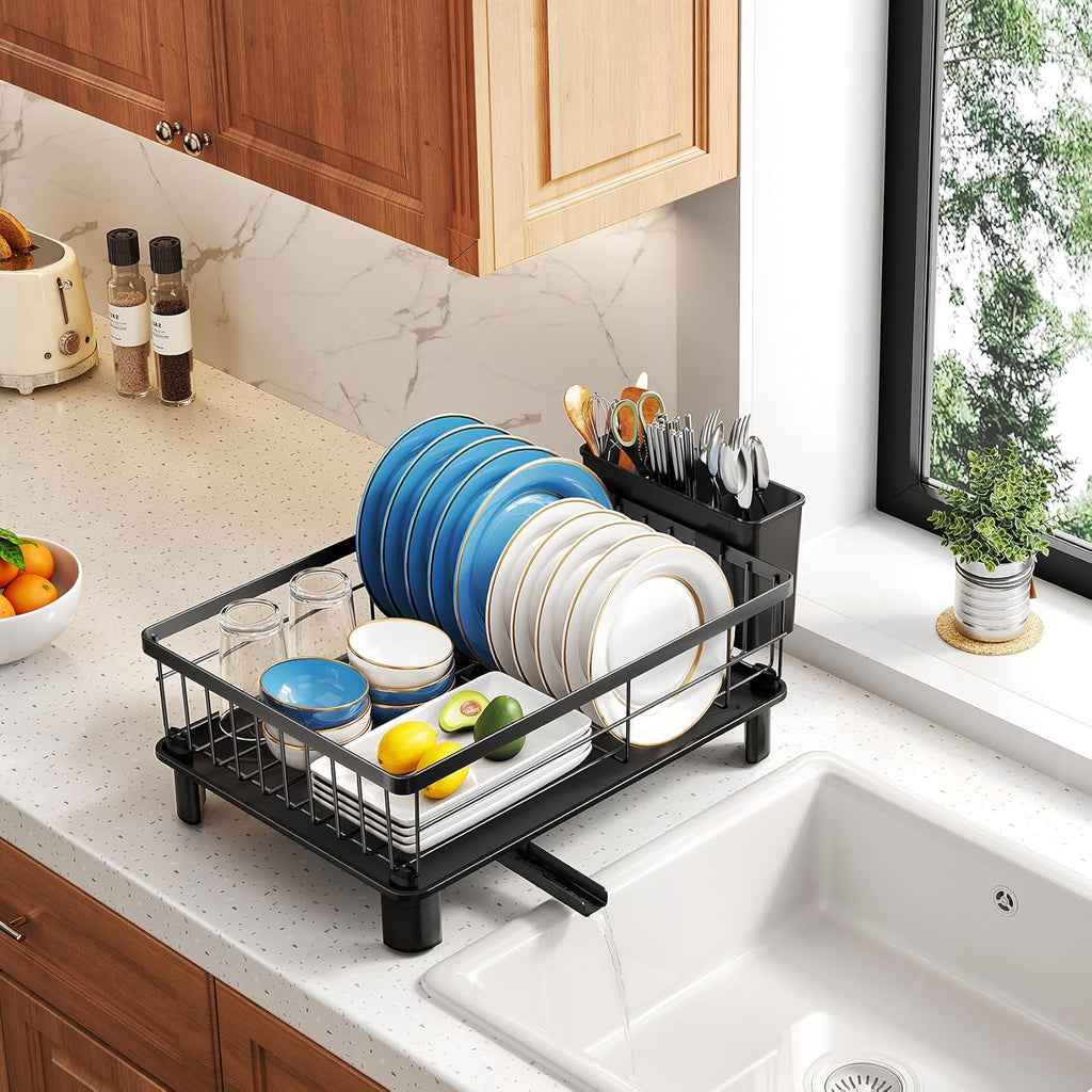 SNTD Dish Drying Rack - Space-Saving Stainless Steel Kitchen Dish Drainer with Utensil Holder | 11" W x 15" L (Black)
