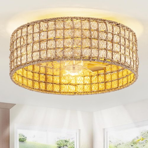 Rattan fandelier Ceiling Fans with Lights, Fandelier Chandelier Ceiling Fan and Remote,Boho,Flush Mount,Low Profile,for Bedroom,Living Room,(25.5 Inch,6 Speed (0263/Boho Ceiling Fans)