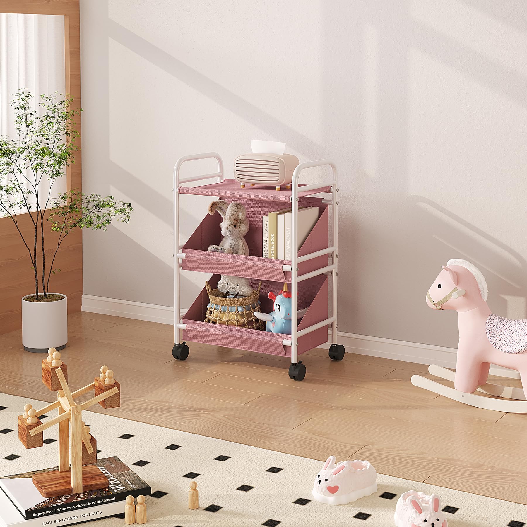 Buzowruil Utility Rolling Fabric Storage Rack Trolley Toy Cart Trolley with 2 Large Storage Boxes,Wheels, Suitable for Bedroom, Living Room, Entryway, Pink