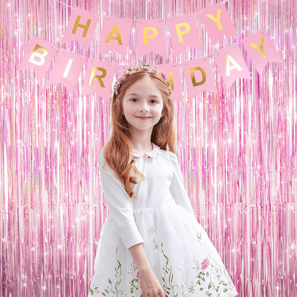 Skiennix Shiny Pink Tinsel Foil Fringe Curtains - 2 Pack Party Backdrop for Birthday & Baby Showers
