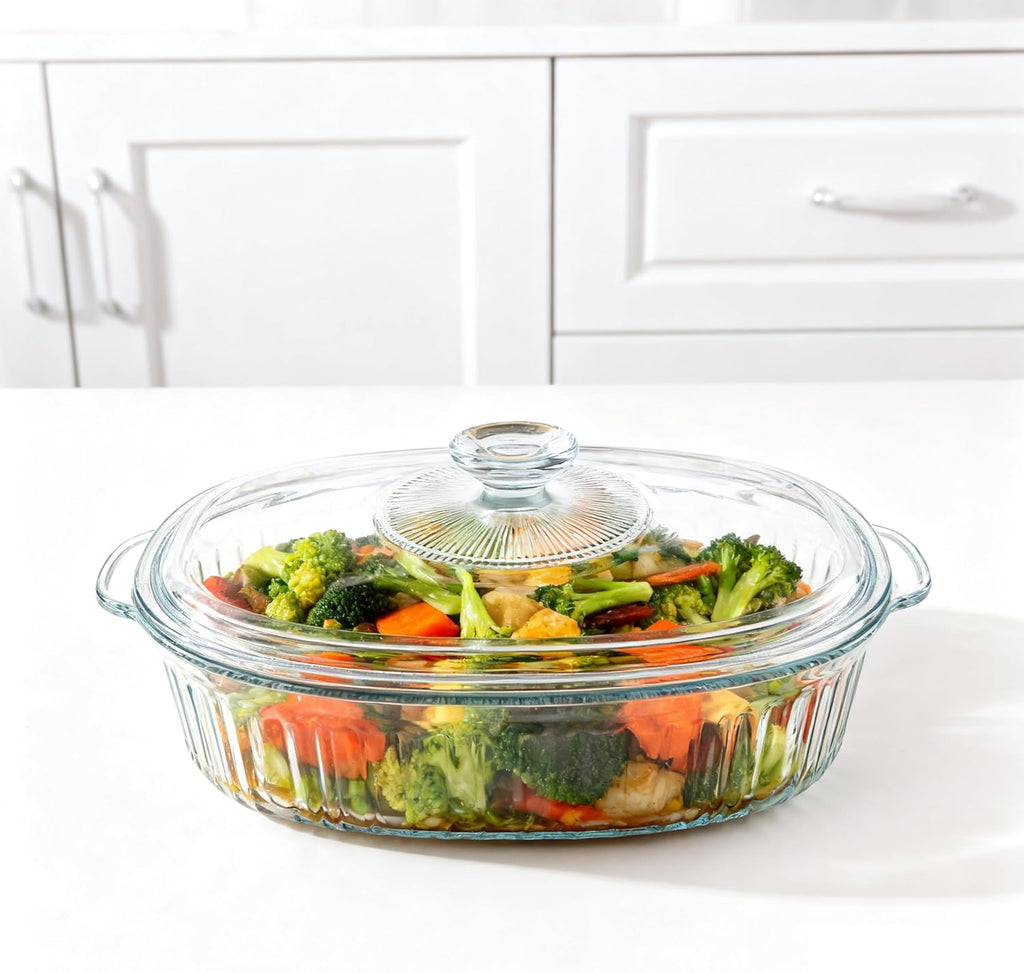 Skiennix Casserole Dish With Lid - 3Qt Clear Oval Glass Baking Dish for Cooking & Serving