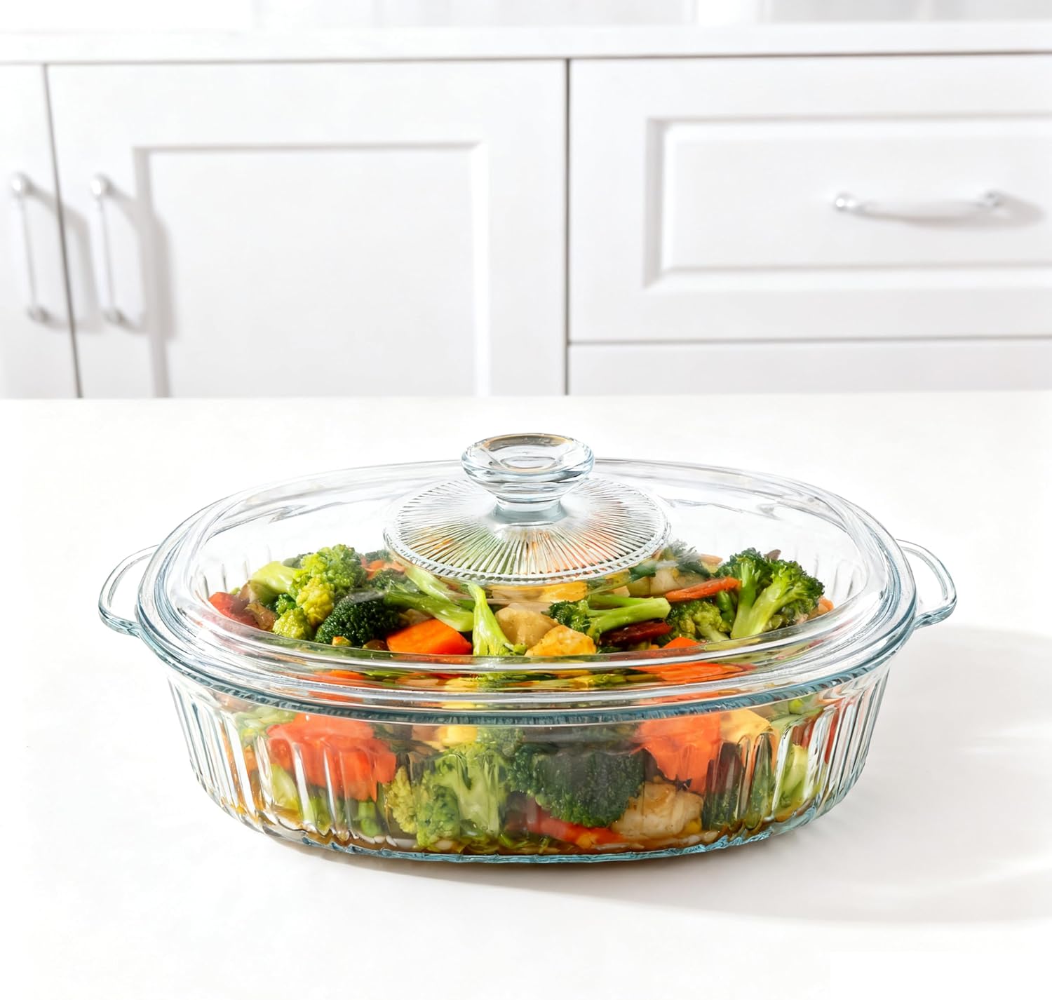 Skiennix Casserole Dish With Lid - 3Qt Clear Oval Glass Baking Dish for Cooking & Serving