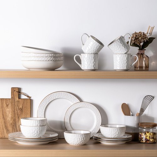 GBHOME Ceramic Dinnerware Sets,12 pcs Embossed Elegant Stoneware Plates and Bowls Sets, Housewarming Wedding Gift | Dishwasher & Microwave Safe | Dishes Set Service for 4