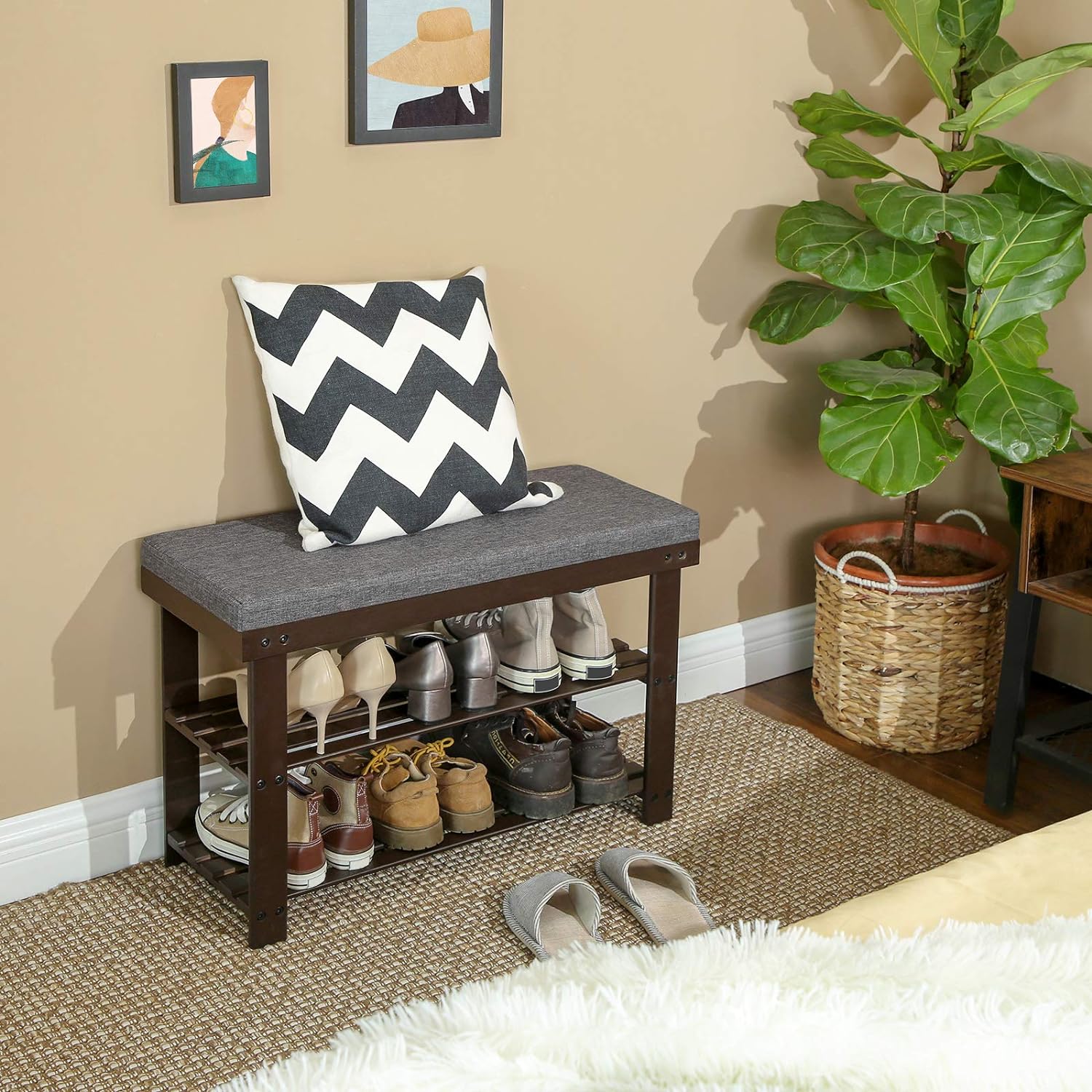 SONGMICS Bamboo Shoe Bench - 3-Tier Shoe Rack Organizer with Rustic Walnut Finish | Holds Up to 300 lb, 11.9 x 28.3 x 19.2 Inches