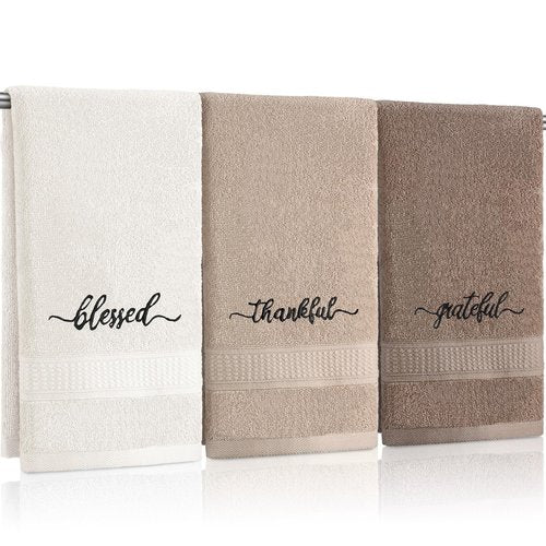 Peryiter 3 Pcs Farmhouse Bathroom Decor Hand Towels 14x29 Inch Cotton Bath Towels Rustic Embroidered for Boho Kitchen Decor Inspirational Christian Gift (Brown Series,Blessed Thankful Grateful)