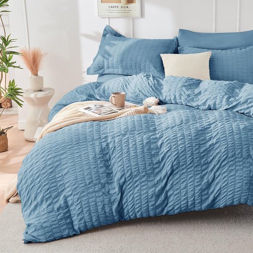 HYMOKEGE Comforter Set - Luxury 7-Piece All-Season Bedding in Mineral Blue | Full Size with Sheets & Pillowcases