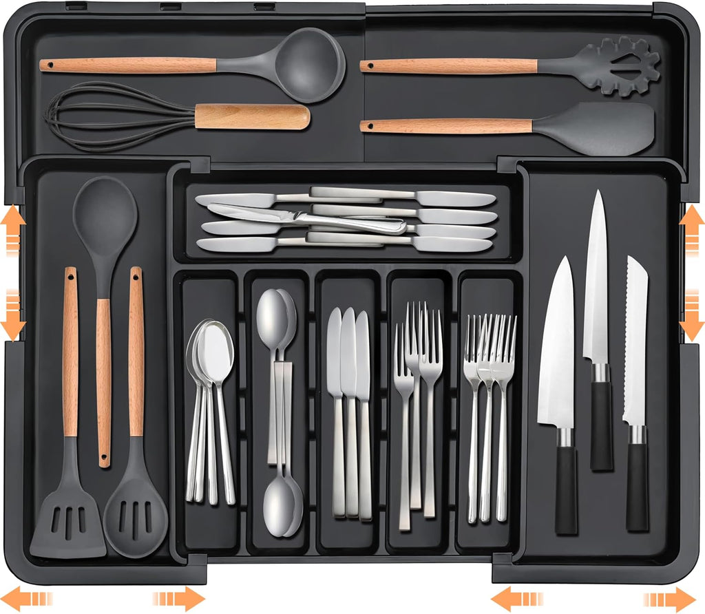 Spaclear Expandable Silverware Organizer - Adjustable BPA-Free Cutlery Tray for Kitchen | Black, 6-9 Slots