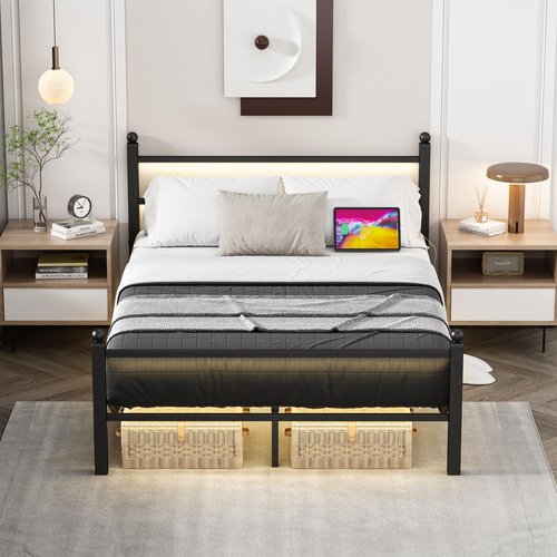Jenmit Full Size Bed Frame with Charging Station & LED Lights, Metal Platform Bed Frame with Headboard and Footboard, Storage Space Under Bed, No Box Spring Needed, Noise Free, Easy Assembly, Black