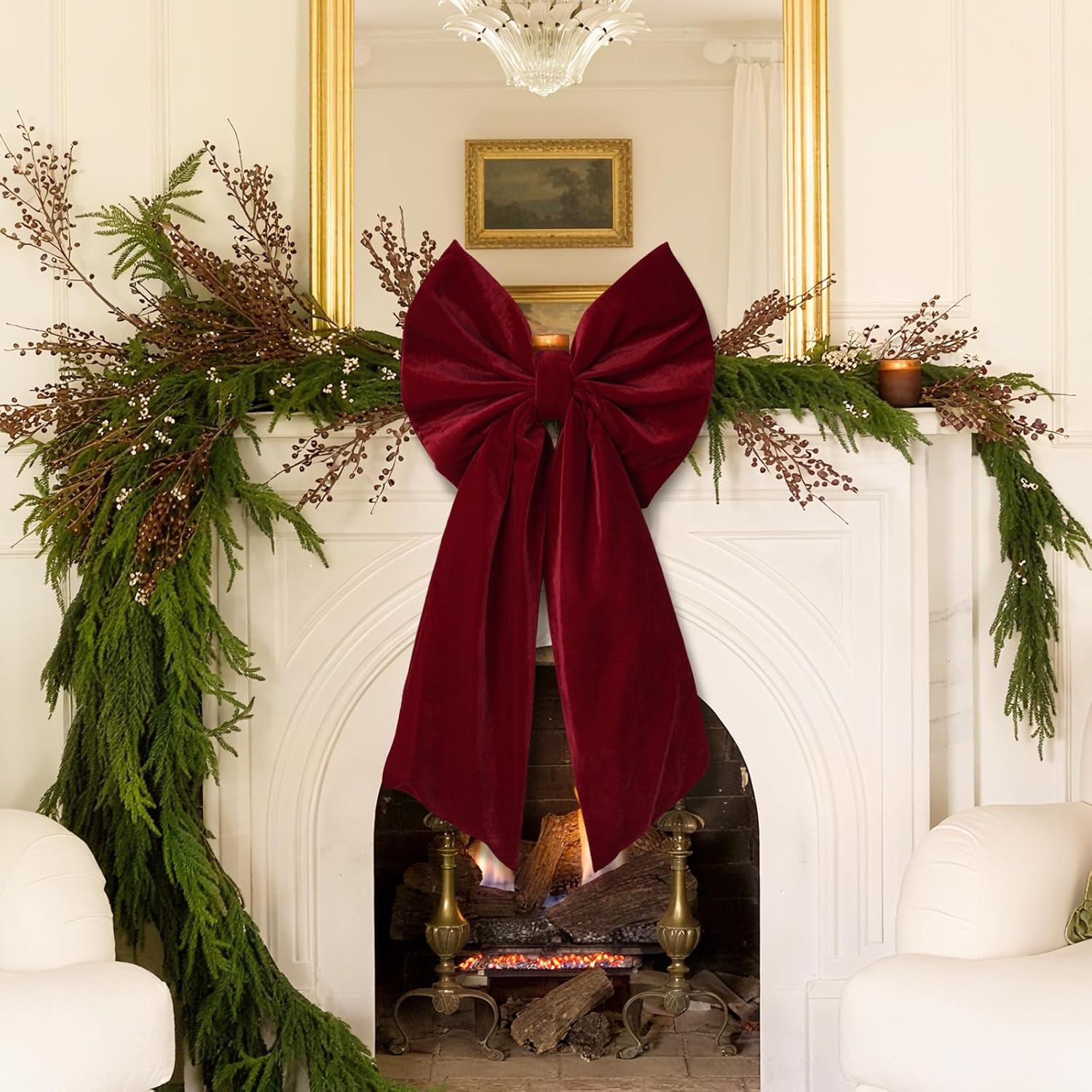 Skiennix Christmas Bows - Large 36x18 Inches Red Velvet Tree Topper - Burgundy Ribbon Decor for Indoor/Outdoor Use