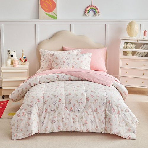 Joyreap 6pcs Cotton Comforter Sheet Set for Girls, Twin Size Bed in a Bag, Pink Floral Design, Soft n Cozy Kids Bedding Comforter Set for All Season- 68x88 inches