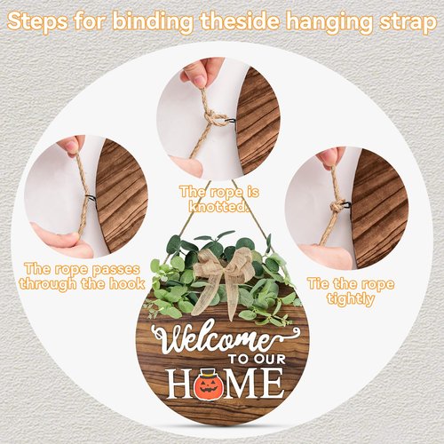 Pinkpum Double Sides Interchangeable Welcome Sign Front Door Decor with 20 Seasonal Icons 2 in 1 Round Wood Wreaths Gifts House Outdoor Indoor Home Decorations All Seasons