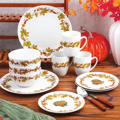 Reallnaive 16 Pcs Thanksgiving Dinnerware Sets for 4 Rustic Autumn Tableware Fall Thanksgiving Salad Plate Harvest Soup Cereal Bowl Mug Dinnerware Sets with Berry Fall Maple Leaves Turkey Service