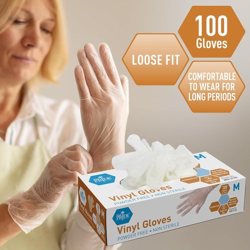 Med PRIDE Vinyl Gloves - Medium Box of 100 | 4.3 Mil Thick, Powder-Free, Heavy Duty for Healthcare & Food Handling