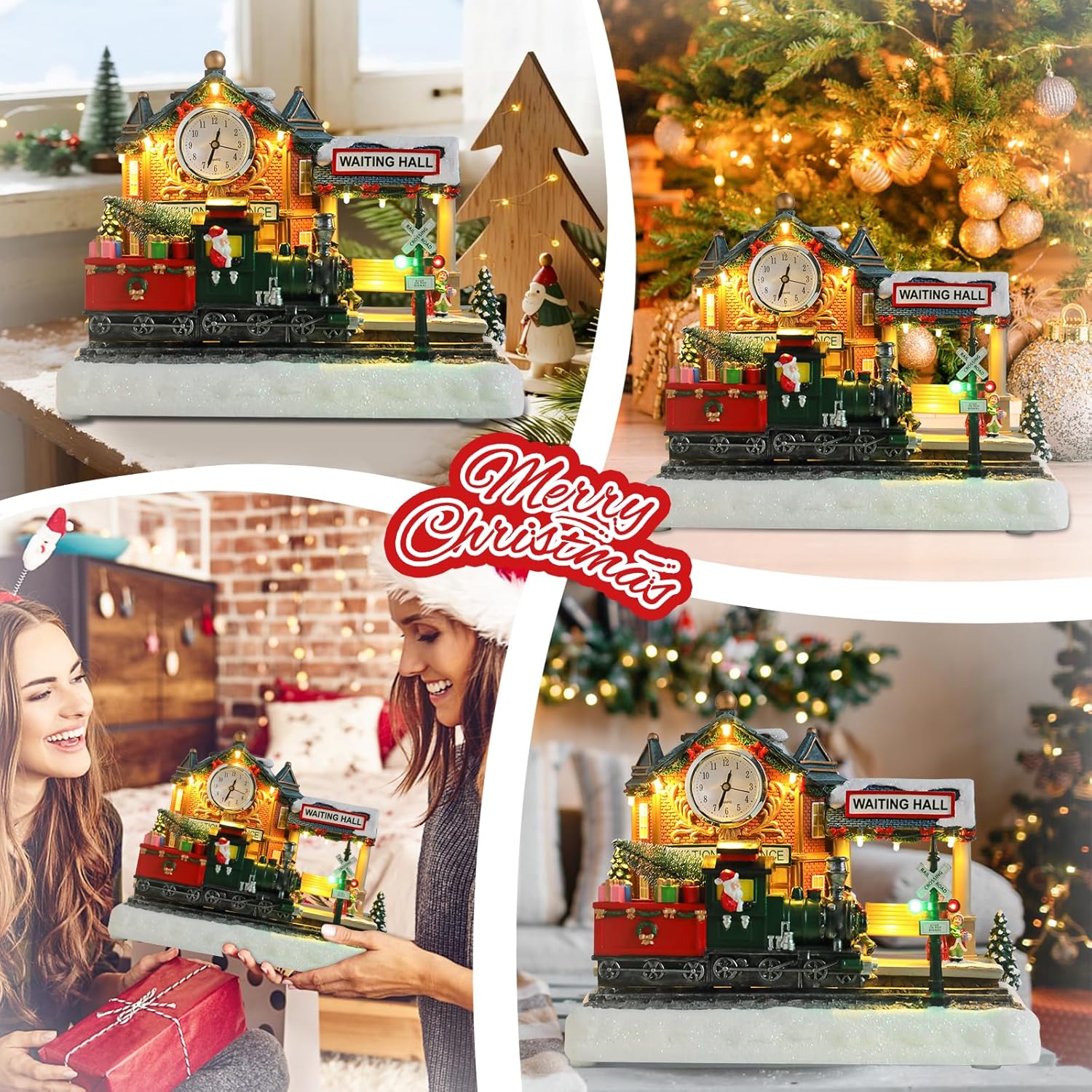 VCUTEKA Animated Christmas Village Train Station - Lighted Musical Santa Display for Holiday Décor