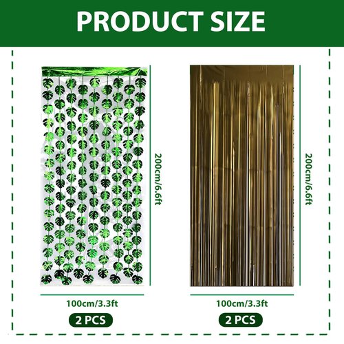 OQOQ Hawaiian Decorations Tinsel Foil Fringe Curtains (4 Pcs) - 3.3x6.6 Ft Dark Gold and Green Tropical Leaves Tinsel Curtains for Summer Jungle Aloha Luau Party Decor Photo Booth Prop Backdrop