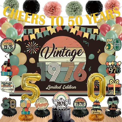 47Pcs 50th Birthday Decorations for Men Women, PRE-STRUNG Vintage 1976 Banner Party Supplies,Back in 1976 Backdrop,Cake Topper,Balloons,6 Table Centerpieces,Hanging Swirls,Paper Pompoms PRE-ASSEMBLED