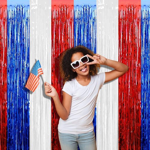 Foil Fringe Curtain Backdrop by [Brand Name] - 4 Pack 3.2Ft x 9.8Ft Red, Blue & White Metallic Streamers for Parties