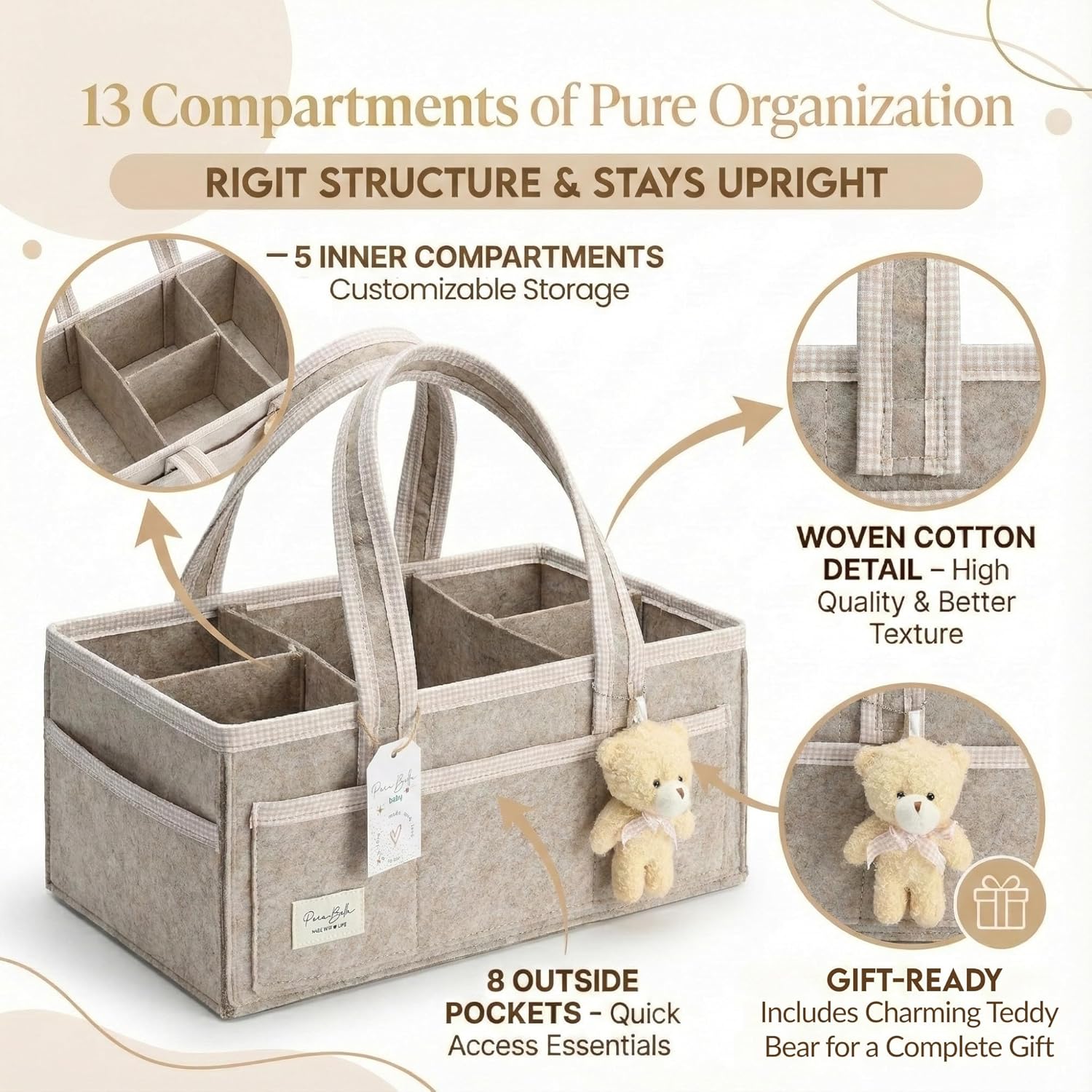PeraBella Baby Diaper Caddy Organizer - XL Portable Felt Storage Bin for Nursery Essentials | Ideal Baby Shower Gift