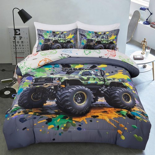 Holawakaka Boys Twin Size Off-Road Camo Racing Truck Print Bedding Comforter Set with Sheets, Cartoon Camouflage Race Trucks Bed in A Bag 5 Pieces Kids Teens Car Dorm Reversible Bed Sets