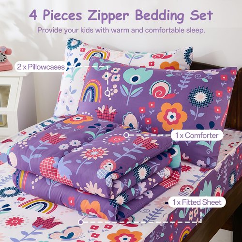 DJY Zipper Bedding Set Twin, Purple Floral Bedding Sets for Girls, Kids Comforter Set with Fitted Sheet Pillowcases, All in One Zipper Bed Set for All Seasons