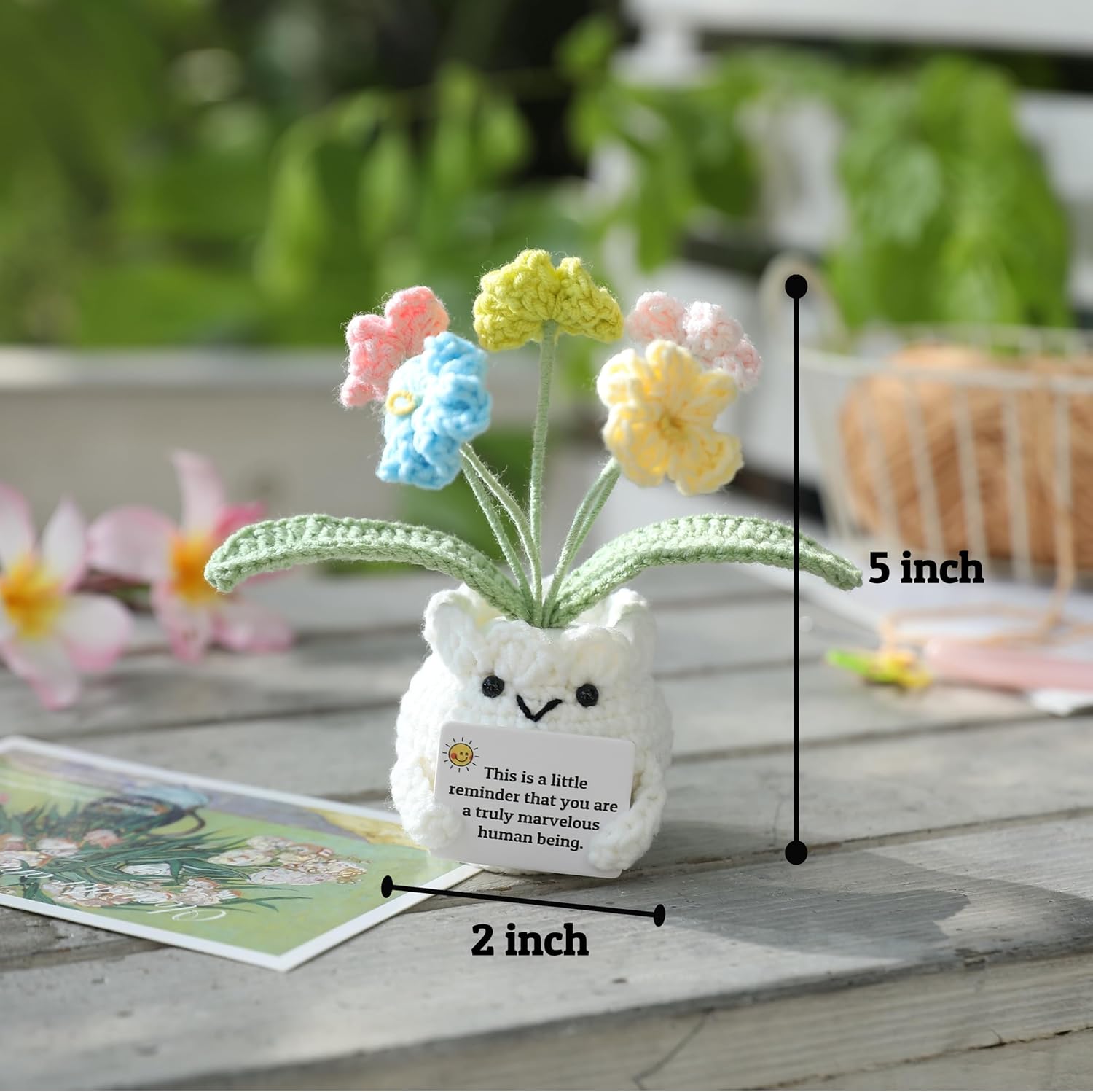 YOOJEE Forget-Me-Not Positive Crochet Flowers Plants Gift Handmade Desk Decor with Card “This is a Little Reminder” Appreciation Inspirational Gift for Coworkers Women Employee Teacher Best Friend Mom