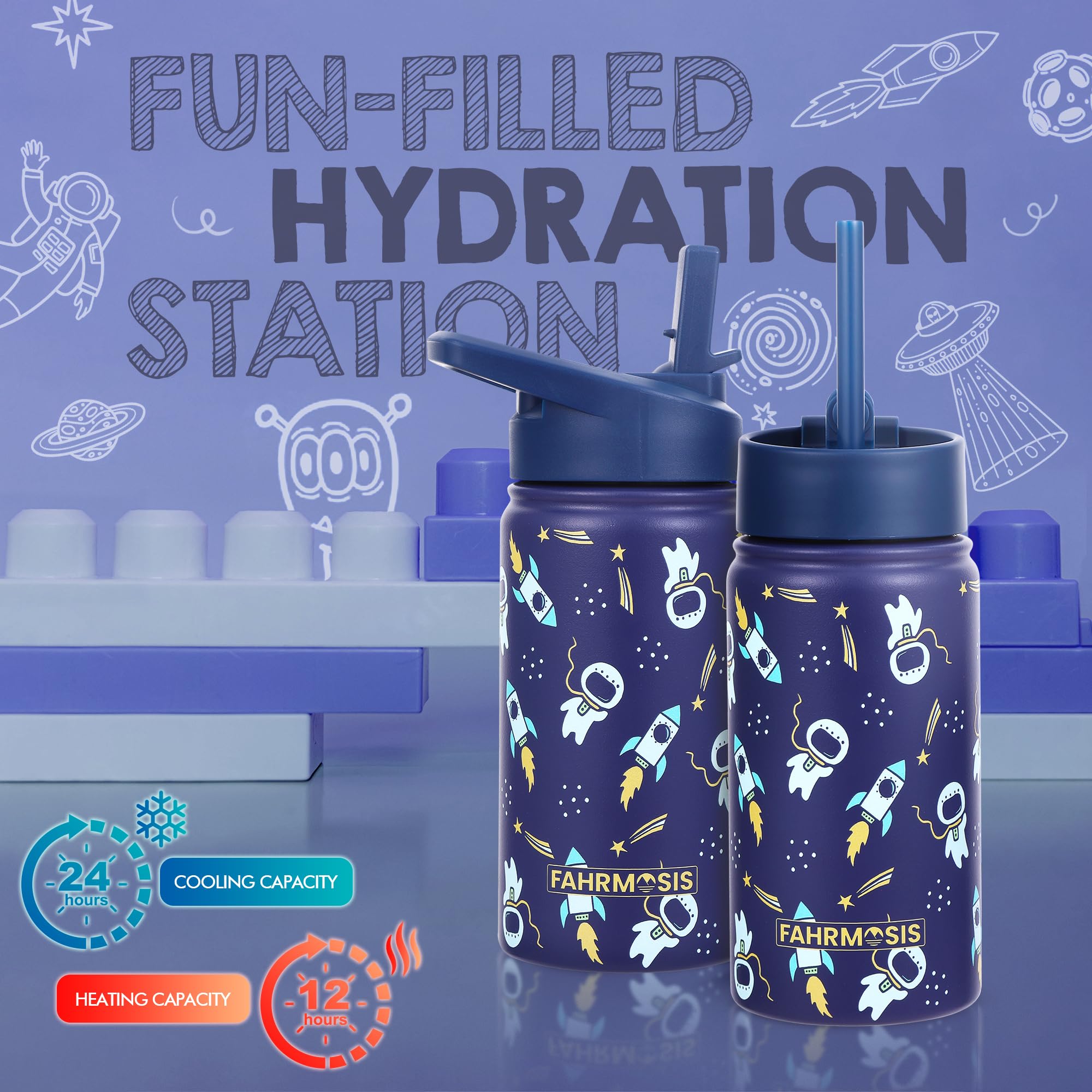 FAHRMOSIS 14 OZ Kids Water Bottle with Straw & 2 Lids (Flip & Spout) Leak Proof Metal Insulated Stainless Steel Reusable Tumbler for School & Sports Water Bottle - Purple (Halloween)